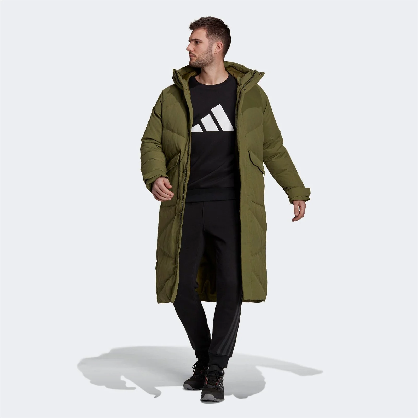 adidas Big Baffle Long Down Parka Coat - Focus Olive - Image 2