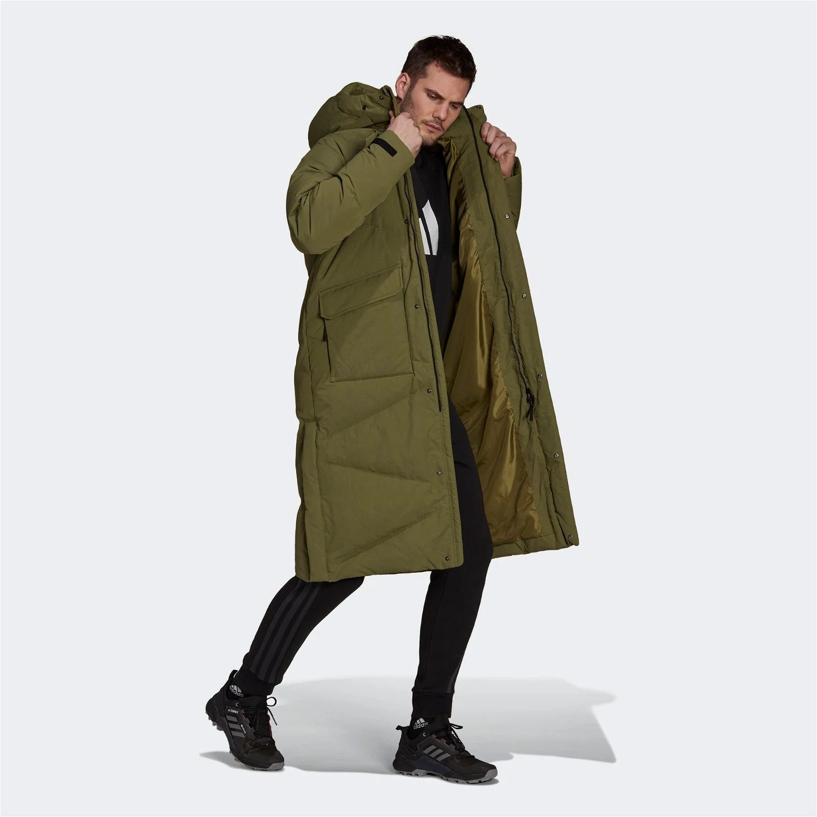 adidas Big Baffle Long Down Parka Coat - Focus Olive - Image 7