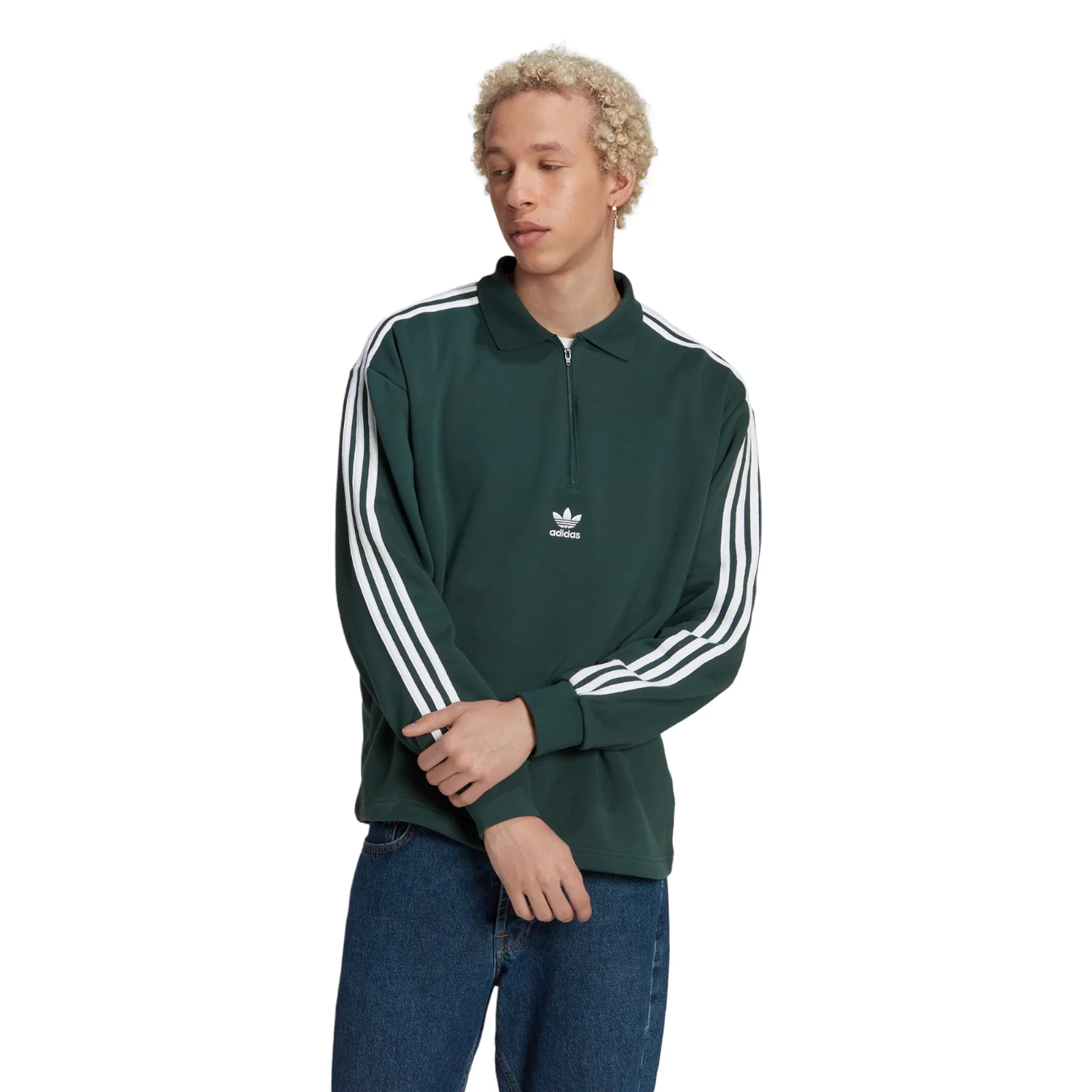 adidas Originals Long Sleeve 3 Stripe Polo - Mineral Green - Image 2
