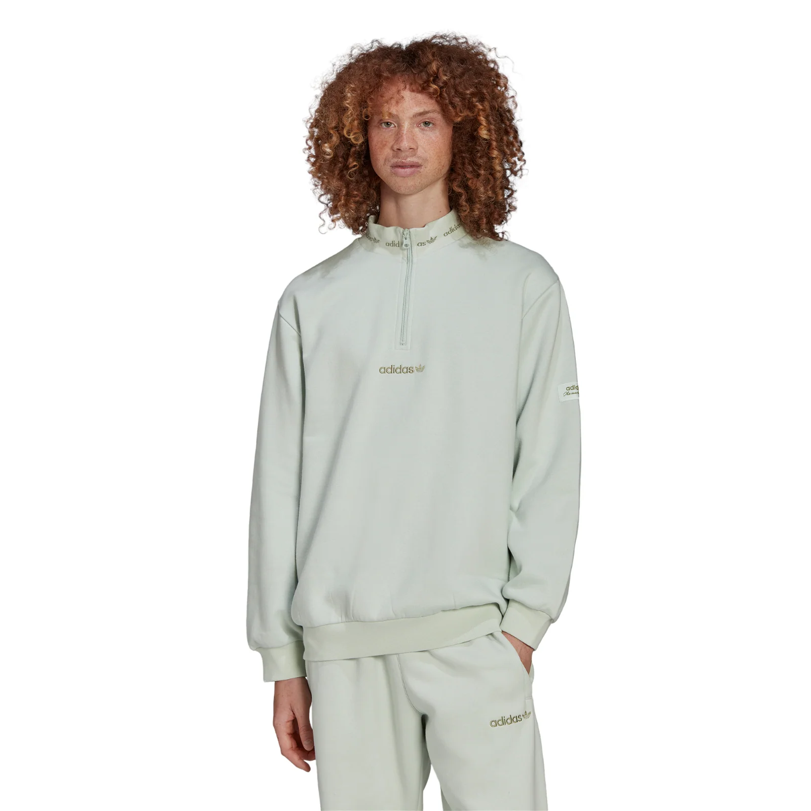 adidas Originals Trefoil Linear Quarter Zip Sweatshirt - Linen Green - Image 3