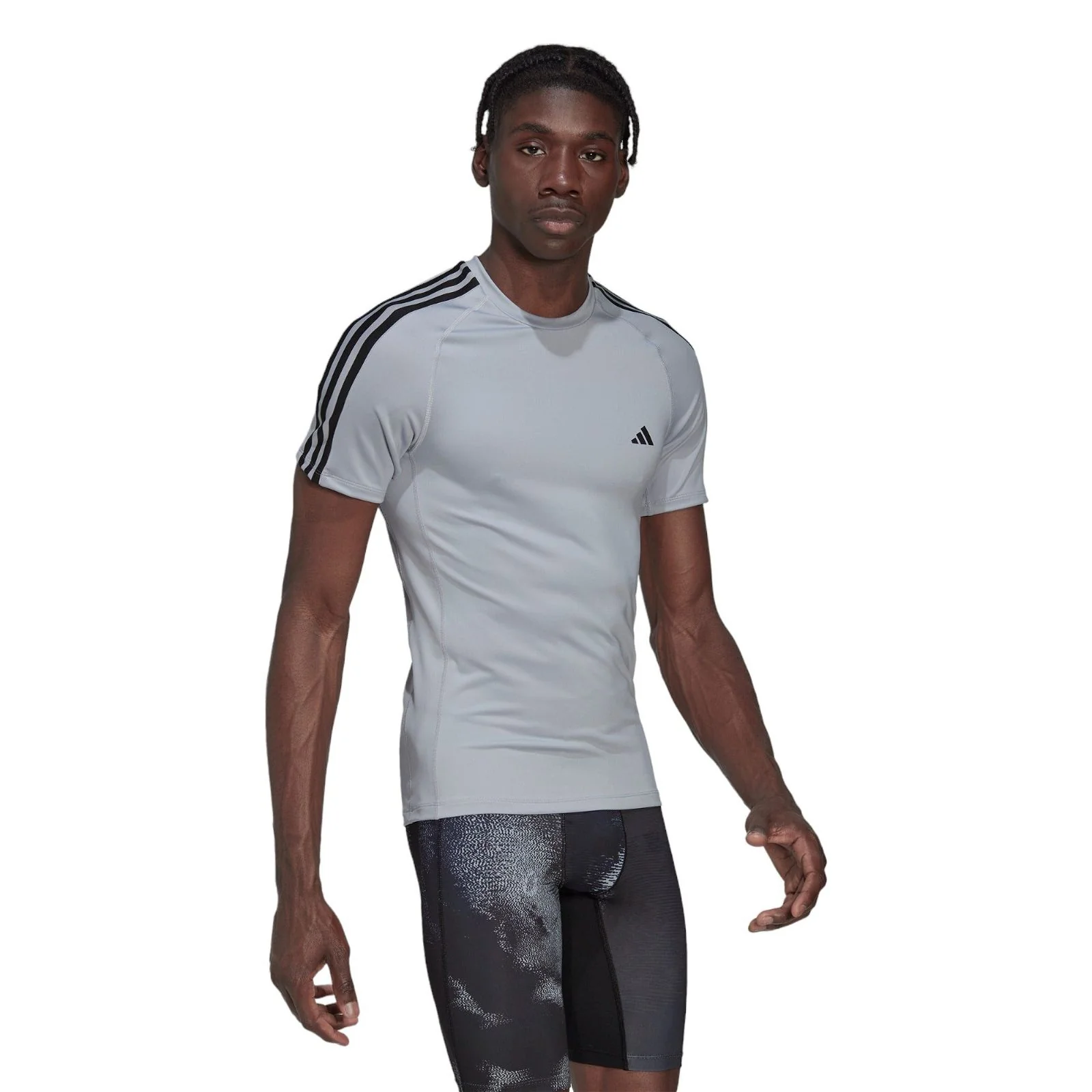 adidas Techfit 3 Stripes Short Sleeve Workout T-shirt - Halo Silver S21 - Image 4