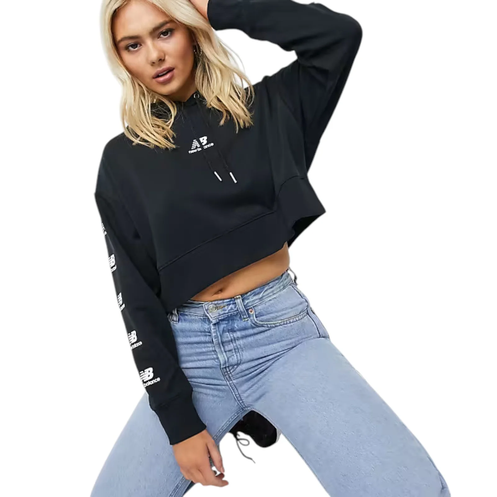 New Balance Womens Stacked Logo Cropped Hoodie - Black