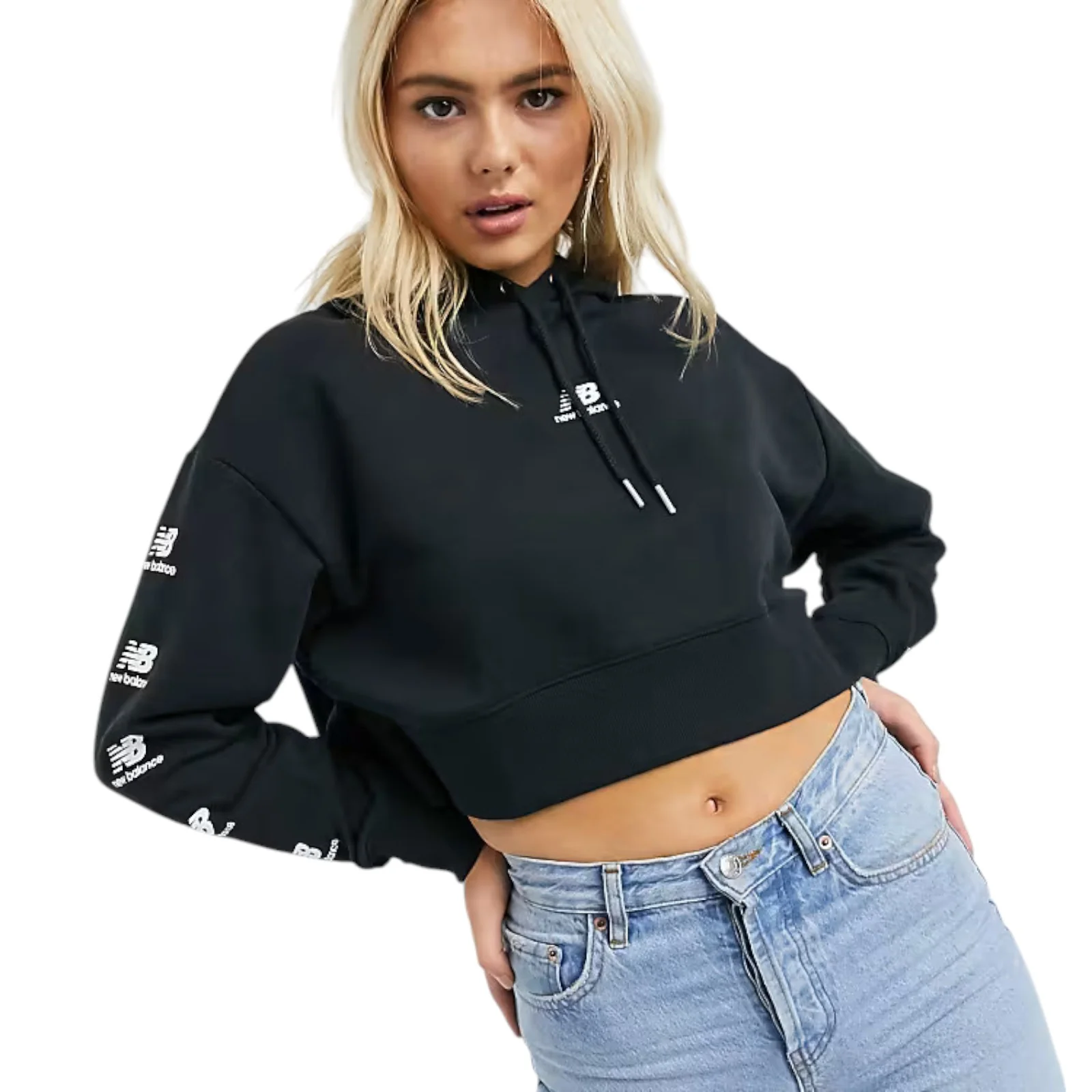 New Balance Womens Stacked Logo Cropped Hoodie - Black - Image 4